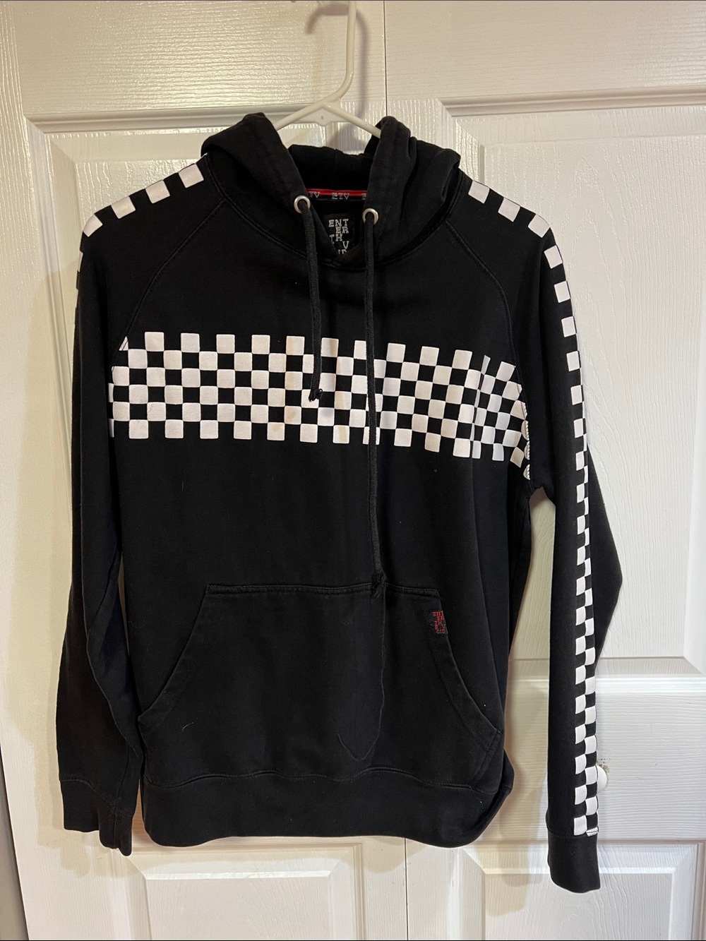envy Black Hoodie with White Checkerboard Stripe